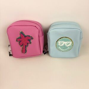 Pink and Blue Palm Tree Smily Face Patch Mini Square Pouch Comb Set NWT